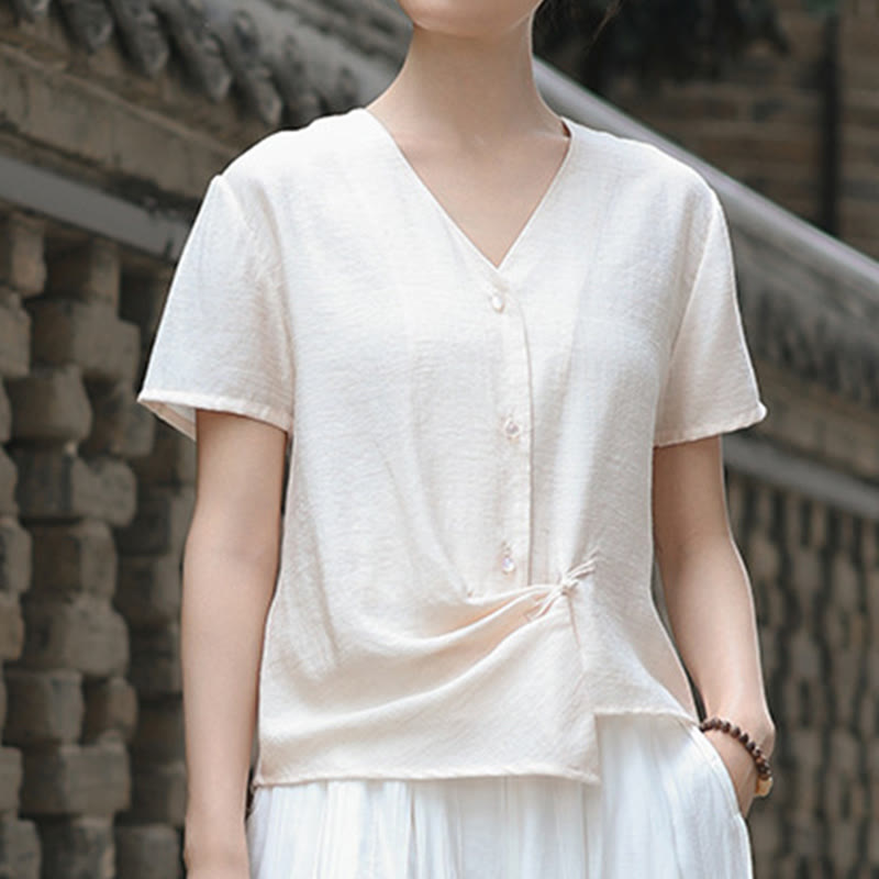 Camisa de lino y algodón con cuello en V, manga corta, diseño irregular con Buddha Stones para mujer - image 11