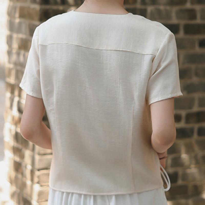 Camisa de lino y algodón con cuello en V, manga corta, diseño irregular con Buddha Stones para mujer - image 14