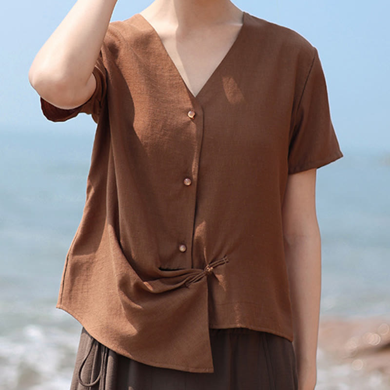 Camisa de lino y algodón con cuello en V, manga corta, diseño irregular con Buddha Stones para mujer - image 7