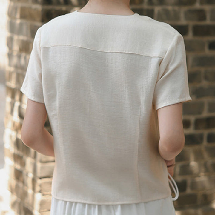 Camisa de lino y algodón con cuello en V, manga corta, diseño irregular con Buddha Stones para mujer - image 15
