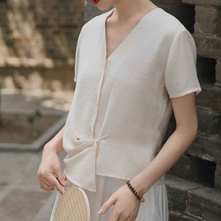 Camisa de lino y algodón con cuello en V, manga corta, diseño irregular con Buddha Stones para mujer - FloralBlanco - US8-10，UK/AU12-14，EU40-42 (2XL) - image 9