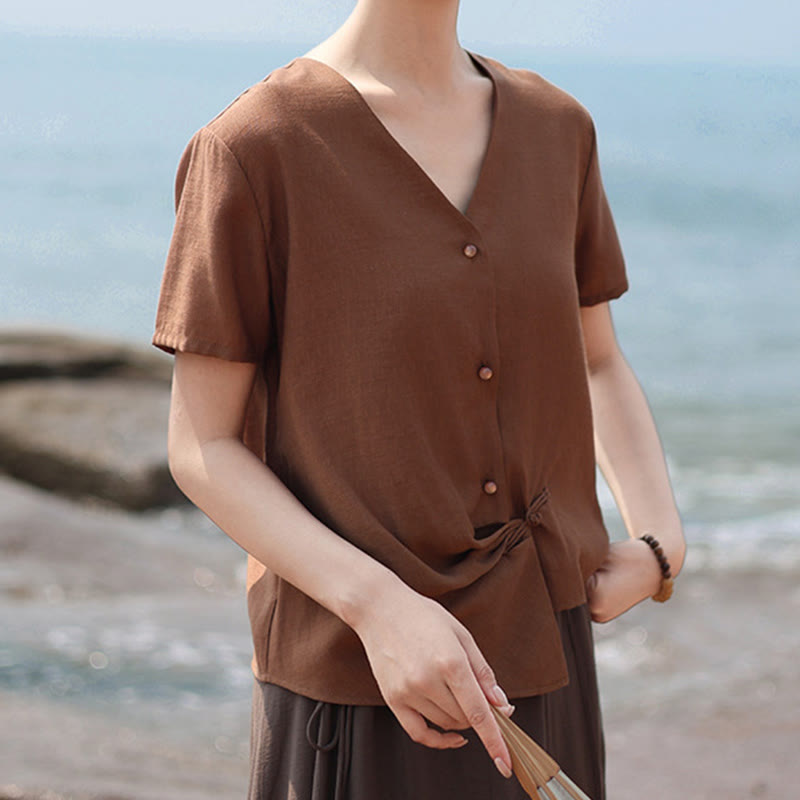 Camisa de lino y algodón con cuello en V, manga corta, diseño irregular con Buddha Stones para mujer - image 6