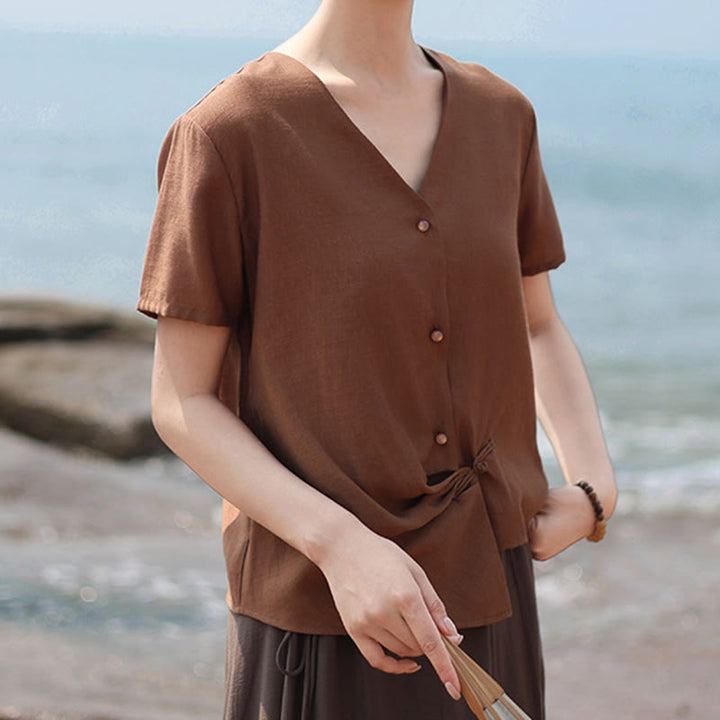 Camisa de lino y algodón con cuello en V, manga corta, diseño irregular con Buddha Stones para mujer - image 6