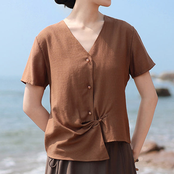 Camisa de lino y algodón con cuello en V, manga corta, diseño irregular con Buddha Stones para mujer - image 2