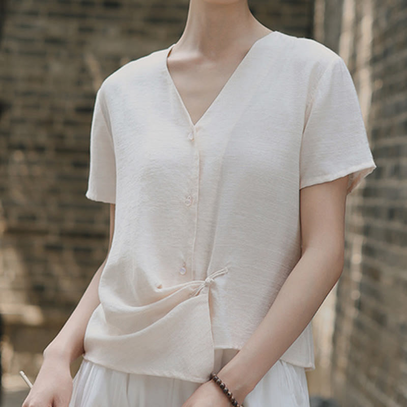Camisa de lino y algodón con cuello en V, manga corta, diseño irregular con Buddha Stones para mujer - image 17