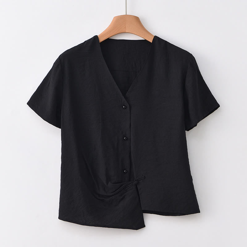 Camisa de lino y algodón con cuello en V, manga corta, diseño irregular con Buddha Stones para mujer - Negro - US8-10，UK/AU12-14，EU40-42 (2XL) - image 20