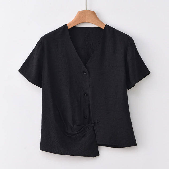 Camisa de lino y algodón con cuello en V, manga corta, diseño irregular con Buddha Stones para mujer - Negro - US8-10，UK/AU12-14，EU40-42 (2XL) - image 20