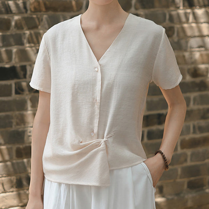 Camisa de lino y algodón con cuello en V, manga corta, diseño irregular con Buddha Stones para mujer - image 15