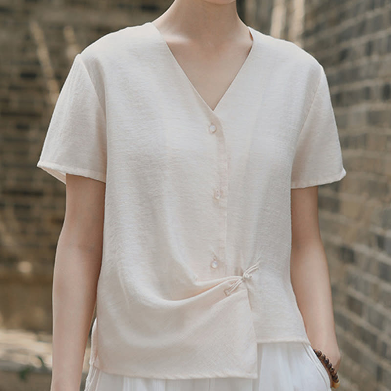 Camisa de lino y algodón con cuello en V, manga corta, diseño irregular con Buddha Stones para mujer - image 12