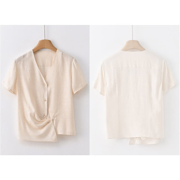 Camisa de lino y algodón con cuello en V, manga corta, diseño irregular con Buddha Stones para mujer - image 19