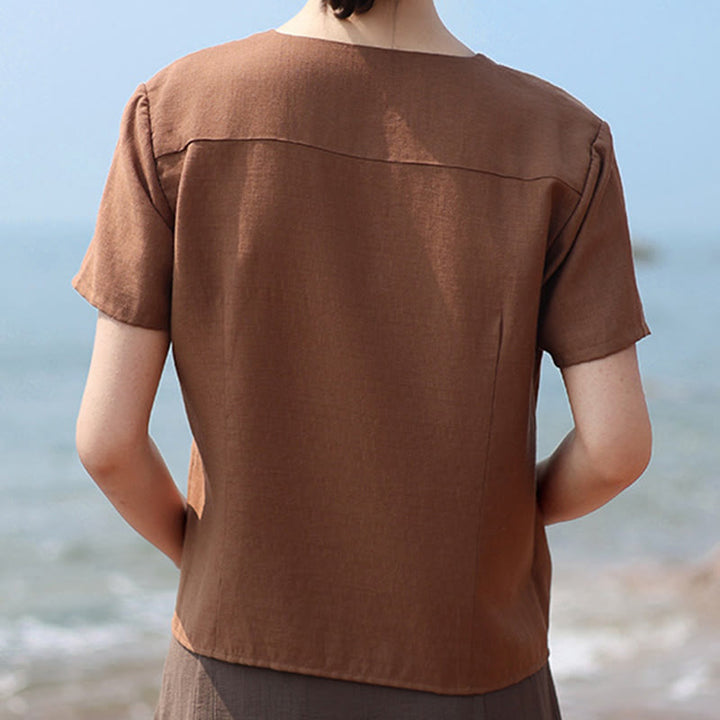Camisa de lino y algodón con cuello en V, manga corta, diseño irregular con Buddha Stones para mujer - image 4