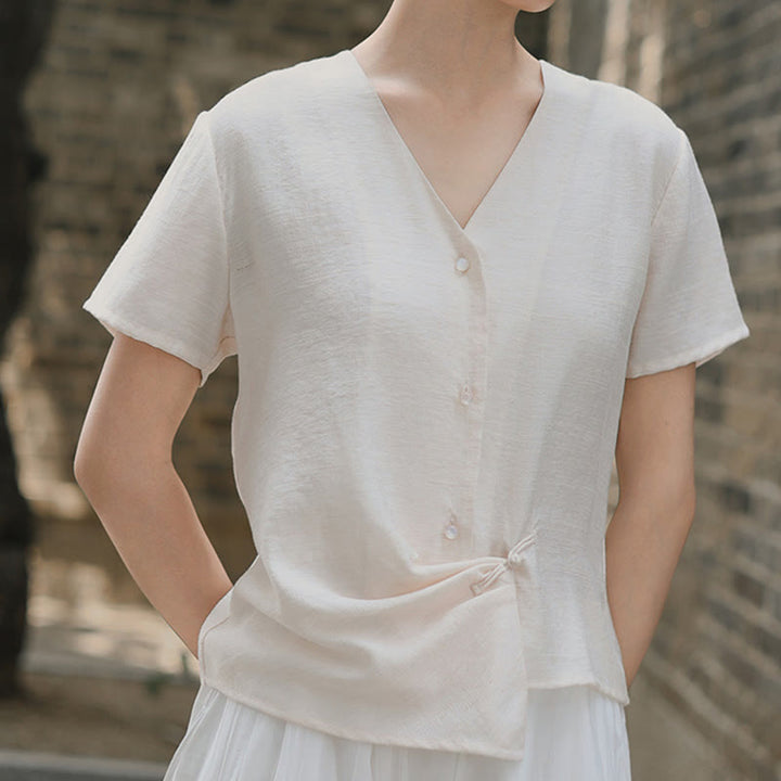 Camisa de lino y algodón con cuello en V, manga corta, diseño irregular con Buddha Stones para mujer - image 14