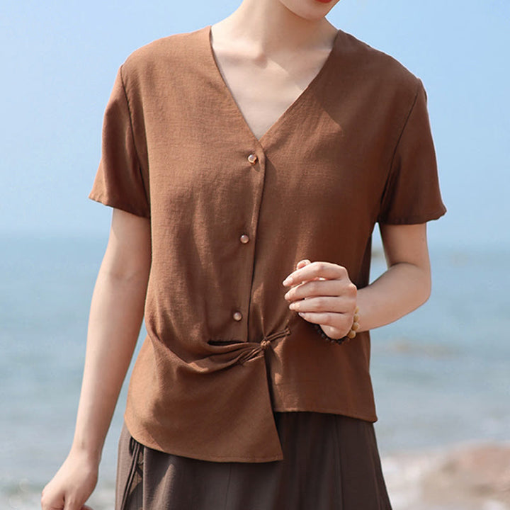 Camisa de lino y algodón con cuello en V, manga corta, diseño irregular con Buddha Stones para mujer - image 9