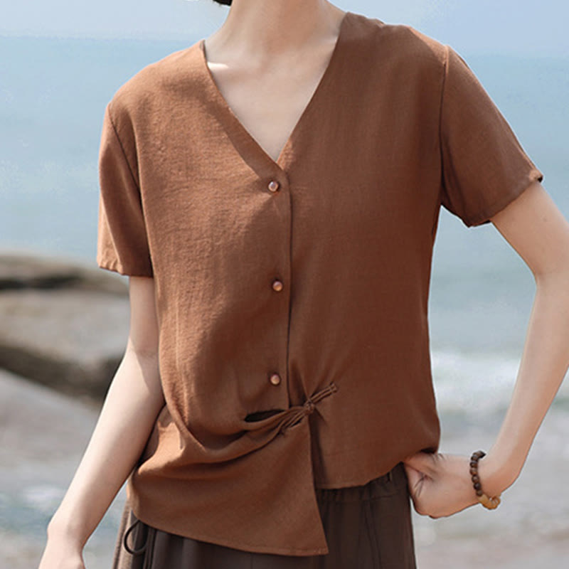 Camisa de lino y algodón con cuello en V, manga corta, diseño irregular con Buddha Stones para mujer - image 8