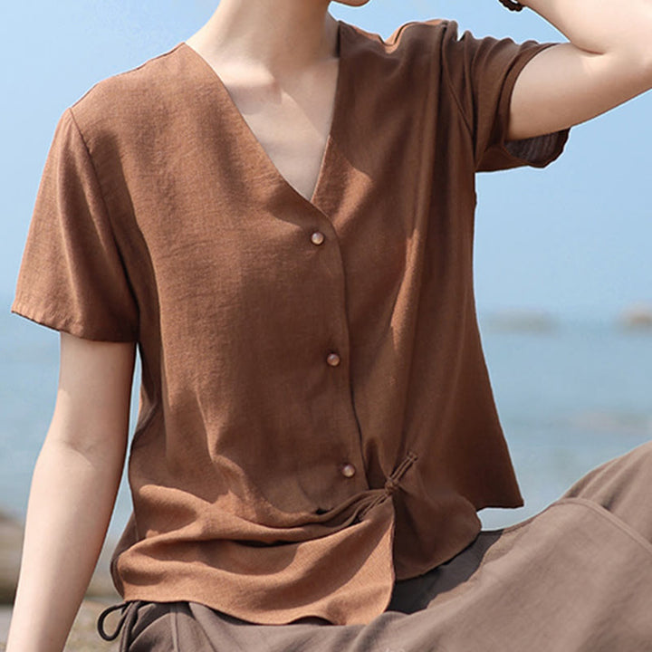 Camisa de lino y algodón con cuello en V, manga corta, diseño irregular con Buddha Stones para mujer - image 5