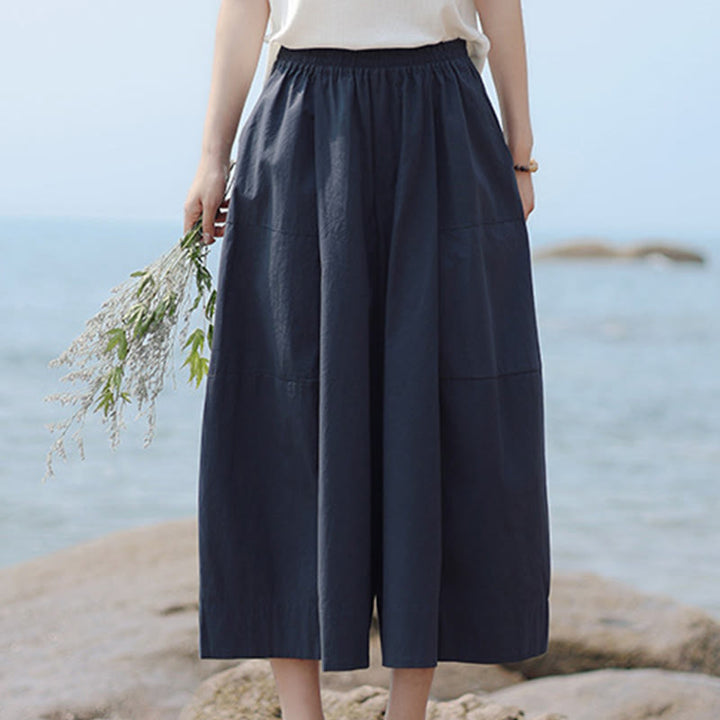 Pantalones capri casuales de algodón liso con cintura alta y pernera ancha para mujer con bolsillos de Buddha Stones - image 2