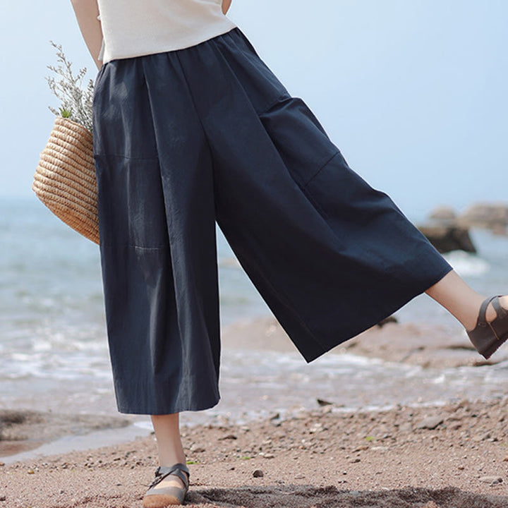 Pantalones capri casuales de algodón liso con cintura alta y pernera ancha para mujer con bolsillos de Buddha Stones - Azul medianoche - US8-10，UK/AU12-14，EU40-42 (2XL) - image 0