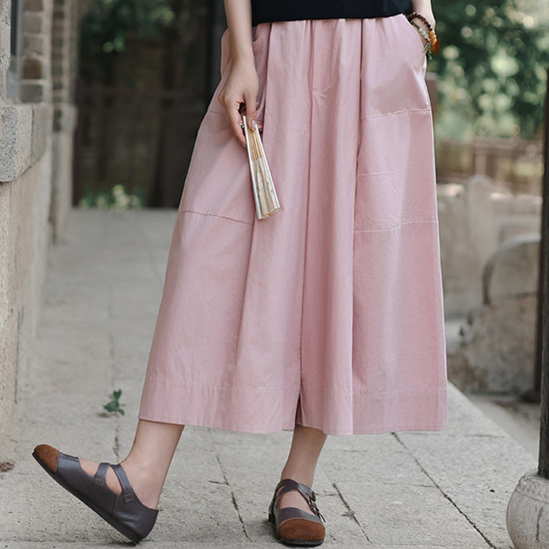 Pantalones capri casuales de algodón liso con cintura alta y pernera ancha para mujer con bolsillos de Buddha Stones - image 8