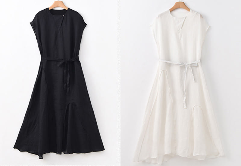 Vestido largo de lino y algodón con mangas cortas y dobladillo irregular liso con Buddha Stones - image 22