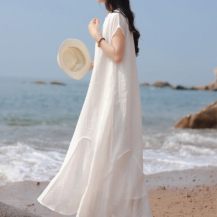 Vestido largo de lino y algodón con mangas cortas y dobladillo irregular liso con Buddha Stones - image 20