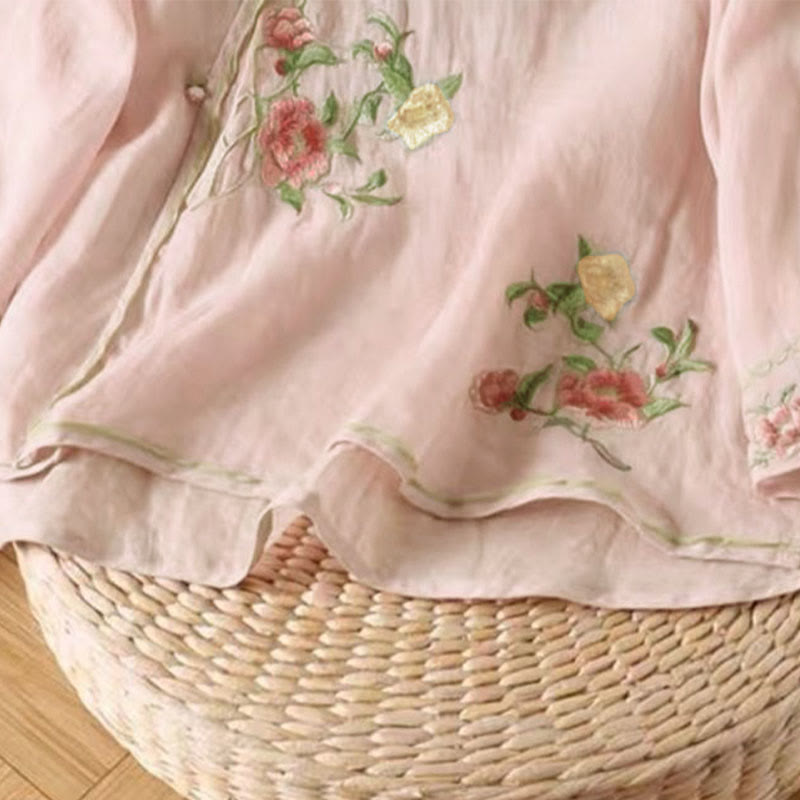 Camisa de lino y algodón para mujer, estilo casual, vintage, con bordado de flores y botones de rana china, cuello redondo - image 9