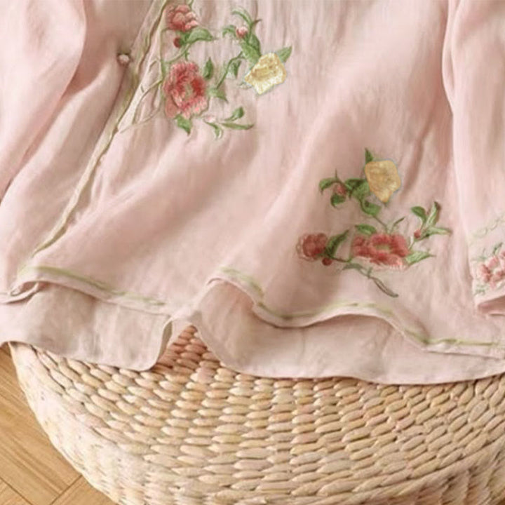 Camisa de lino y algodón para mujer, estilo casual, vintage, con bordado de flores y botones de rana china, cuello redondo - image 9