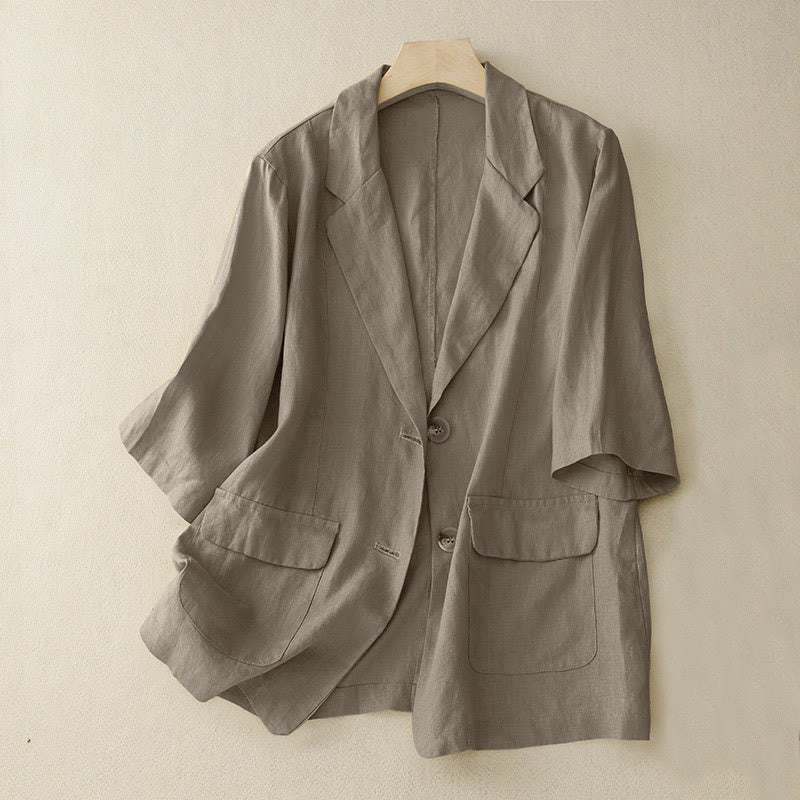 Chaqueta de traje pequeña de algodón con botones y bolsillos para mujer de Buddha Stones, manga tres cuartos - Broncearse - US8-10，UK/AU12-14，EU40-42 (2XL) - image 0