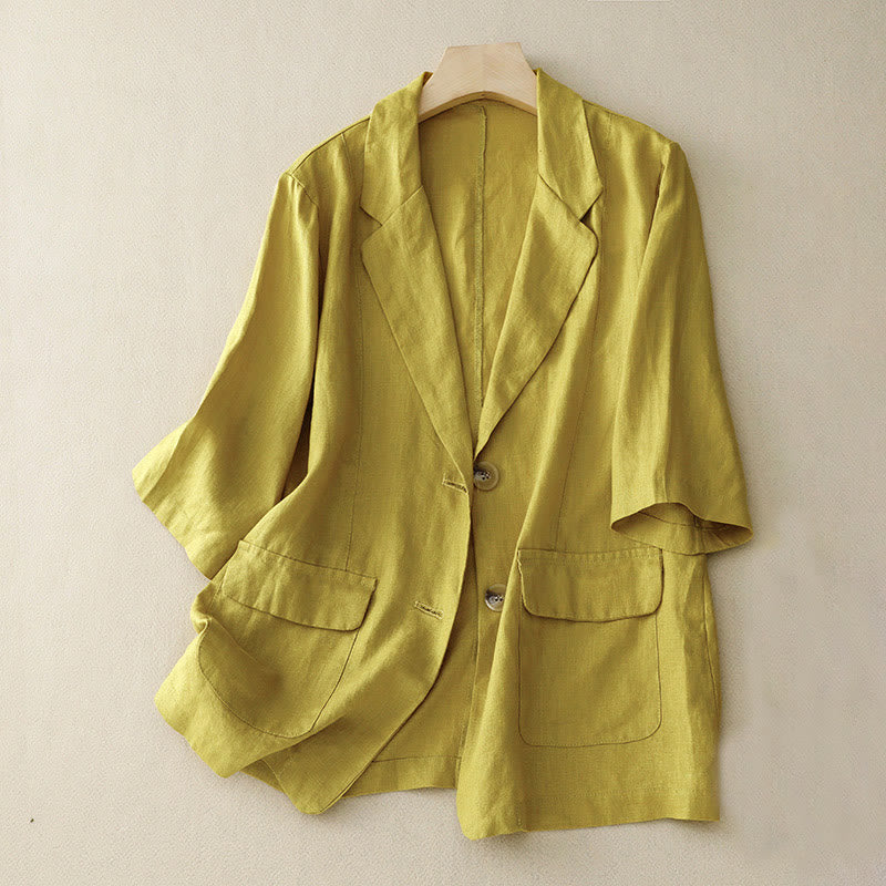 Chaqueta de traje pequeña de algodón con botones y bolsillos para mujer de Buddha Stones, manga tres cuartos - Caqui - US8-10，UK/AU12-14，EU40-42 (2XL) - image 4