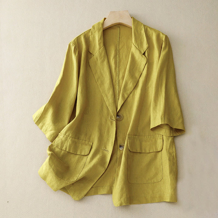 Chaqueta de traje pequeña de algodón con botones y bolsillos para mujer de Buddha Stones, manga tres cuartos - Caqui - US8-10，UK/AU12-14，EU40-42 (2XL) - image 4