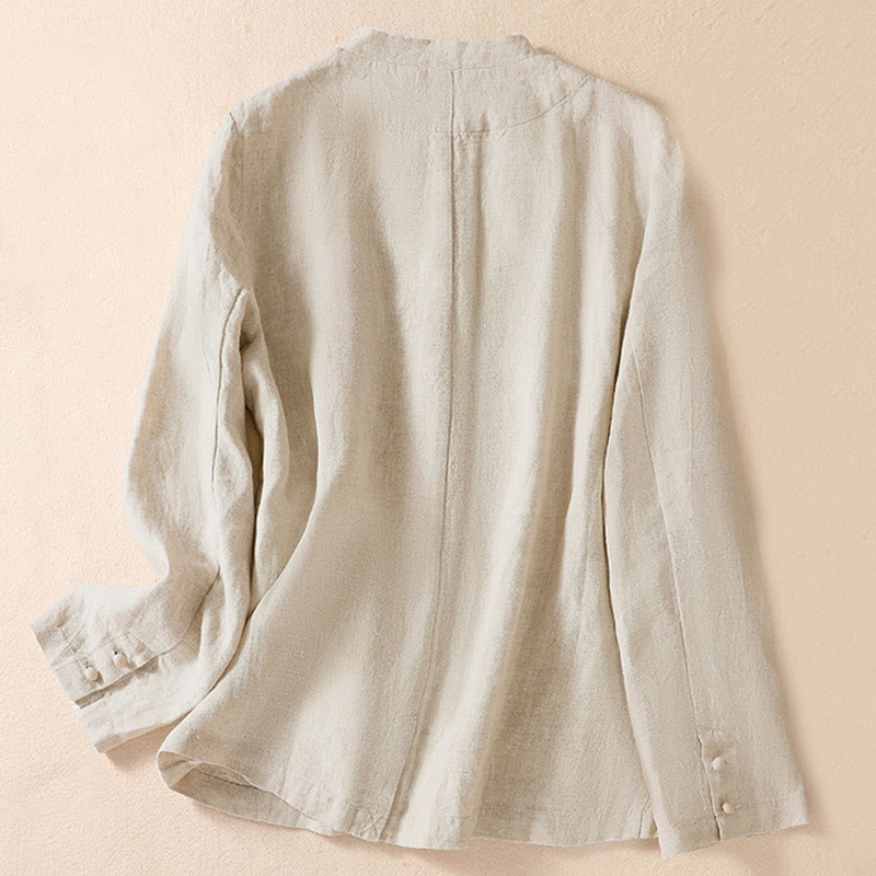 Camisa de manga larga con cuello alto y bolsillos para mujer de Buddha Stones en algodón y lino - image 1