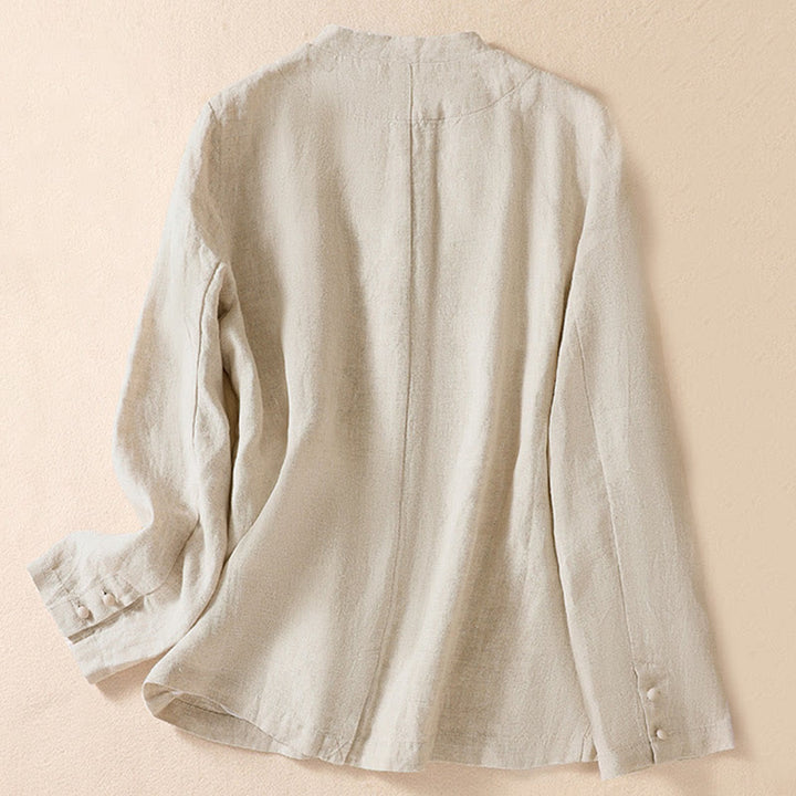 Chaqueta de manga larga con cuello alto y bolsillos para mujer de Buddha Stones en algodón y lino - image 1