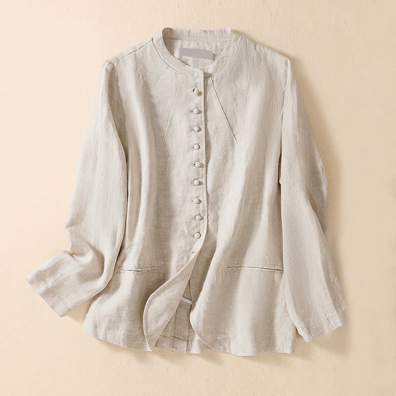 Chaqueta de manga larga con cuello alto y bolsillos para mujer de Buddha Stones en algodón y lino - Beige - US8-10，UK/AU12-14，EU40-42 (2XL) - image 0