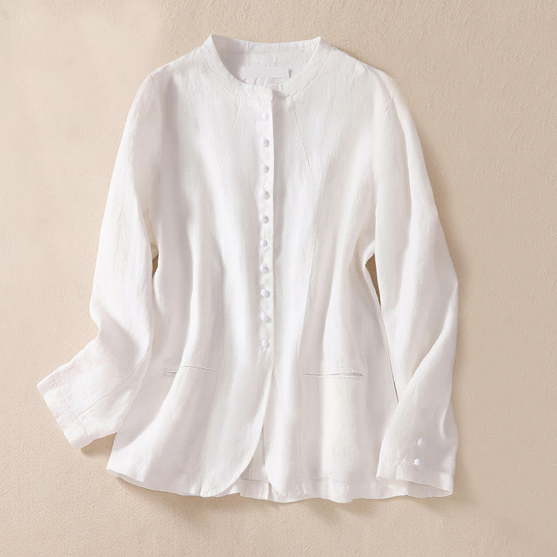 Chaqueta de manga larga con cuello alto y bolsillos para mujer de Buddha Stones en algodón y lino - Blanco - US8-10，UK/AU12-14，EU40-42 (2XL) - image 13