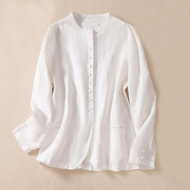 Chaqueta de manga larga con cuello alto y bolsillos para mujer de Buddha Stones en algodón y lino - Blanco - US8-10，UK/AU12-14，EU40-42 (2XL) - image 13