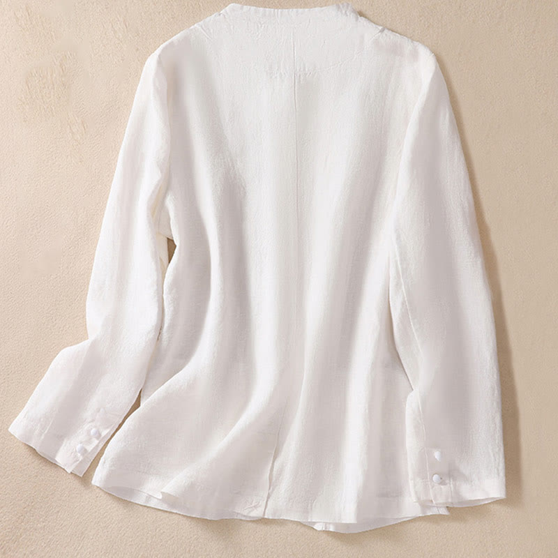 Camisa de manga larga con cuello alto y bolsillos para mujer de Buddha Stones en algodón y lino - image 14