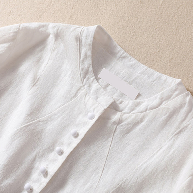Camisa de manga larga con cuello alto y bolsillos para mujer de Buddha Stones en algodón y lino - image 20
