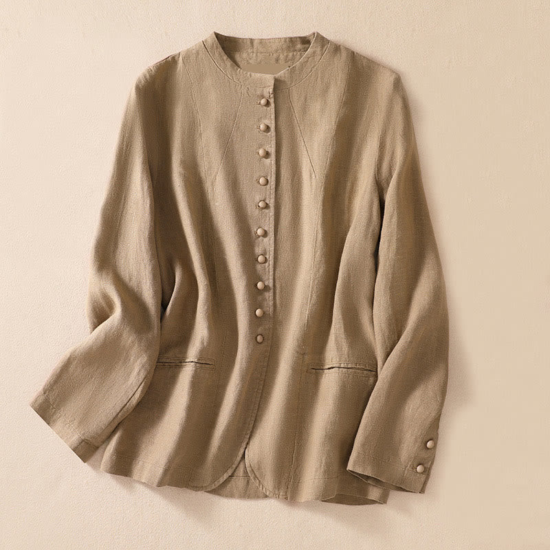 Chaqueta de manga larga con cuello alto y bolsillos para mujer de Buddha Stones en algodón y lino - Broncearse - US8-10，UK/AU12-14，EU40-42 (2XL) - image 22