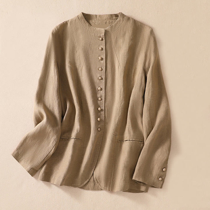 Chaqueta de manga larga con cuello alto y bolsillos para mujer de Buddha Stones en algodón y lino - Broncearse - US8-10，UK/AU12-14，EU40-42 (2XL) - image 22