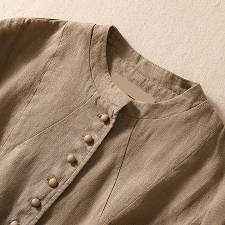 Camisa de manga larga con cuello alto y bolsillos para mujer de Buddha Stones en algodón y lino - image 28