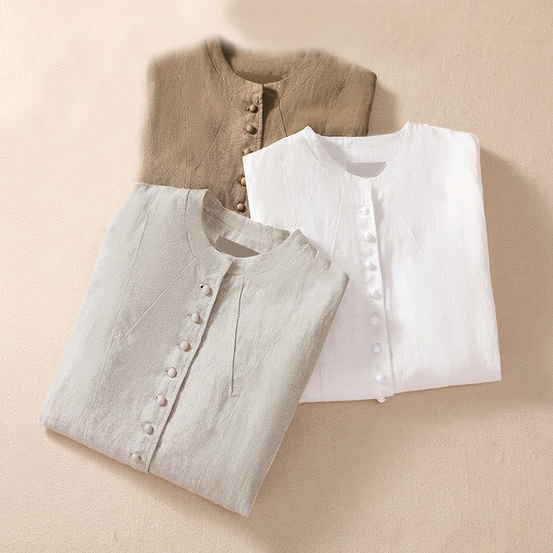 Camisa de manga larga con cuello alto y bolsillos para mujer de Buddha Stones en algodón y lino - image 31