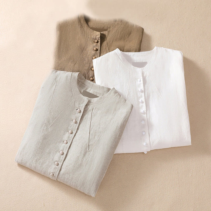 Camisa de manga larga con cuello alto y bolsillos para mujer de Buddha Stones en algodón y lino - image 31