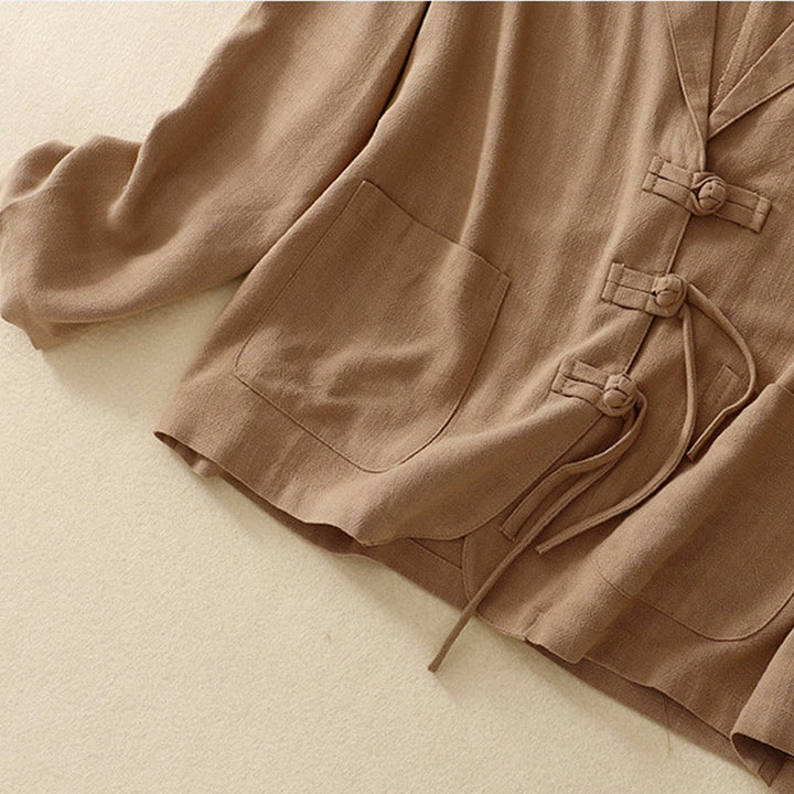 Chaqueta de manga larga con botones de rana y bolsillos para mujer de Buddha Stones en algodón y lino - image 4