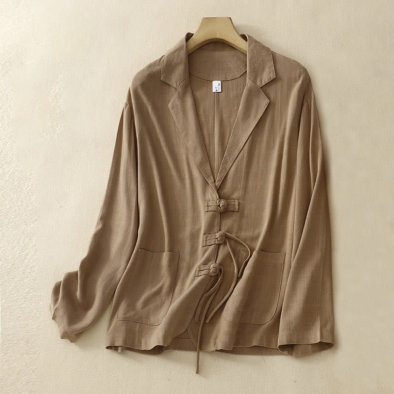 Chaqueta de manga larga con botones de rana y bolsillos para mujer de Buddha Stones en algodón y lino - BurlyWood - US12, UK/AU16, EU44 (2XL) - image 0