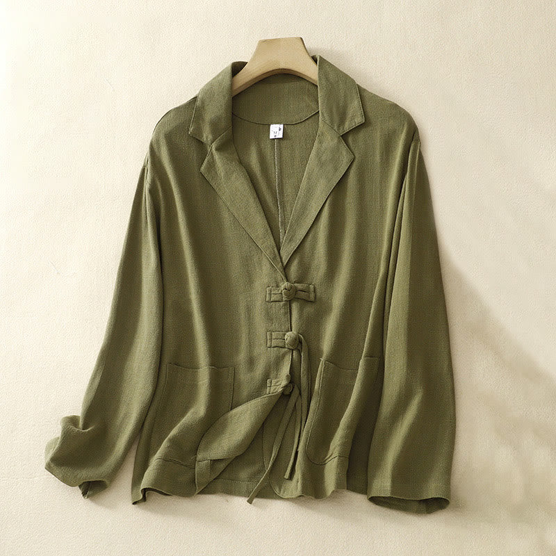 Chaqueta de manga larga con botones de rana y bolsillos para mujer de Buddha Stones en algodón y lino - Aceituna - US12, UK/AU16, EU44 (2XL) - image 5