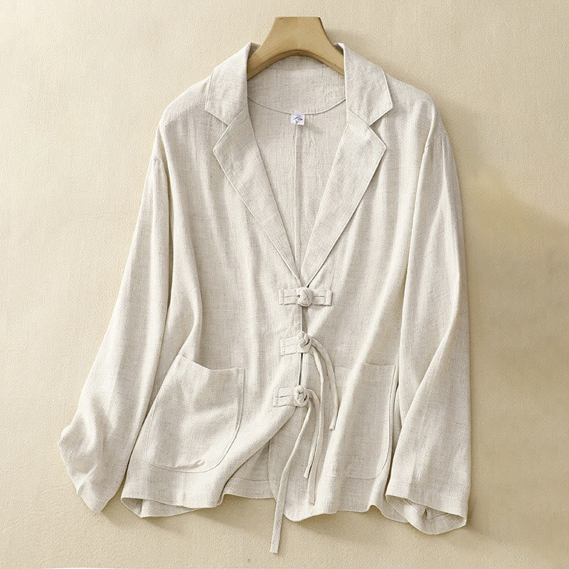 Chaqueta de manga larga con botones de rana y bolsillos para mujer de Buddha Stones en algodón y lino - FloralBlanco - US12, UK/AU16, EU44 (2XL) - image 17