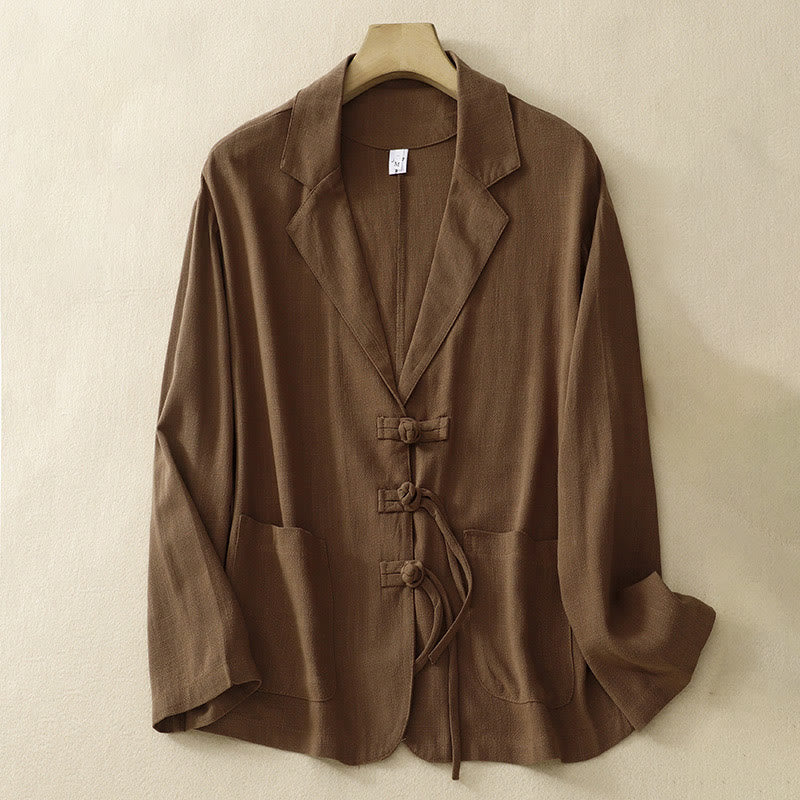 Chaqueta de manga larga con botones de rana y bolsillos para mujer de Buddha Stones en algodón y lino - Tierra de siena - US12, UK/AU16, EU44 (2XL) - image 25