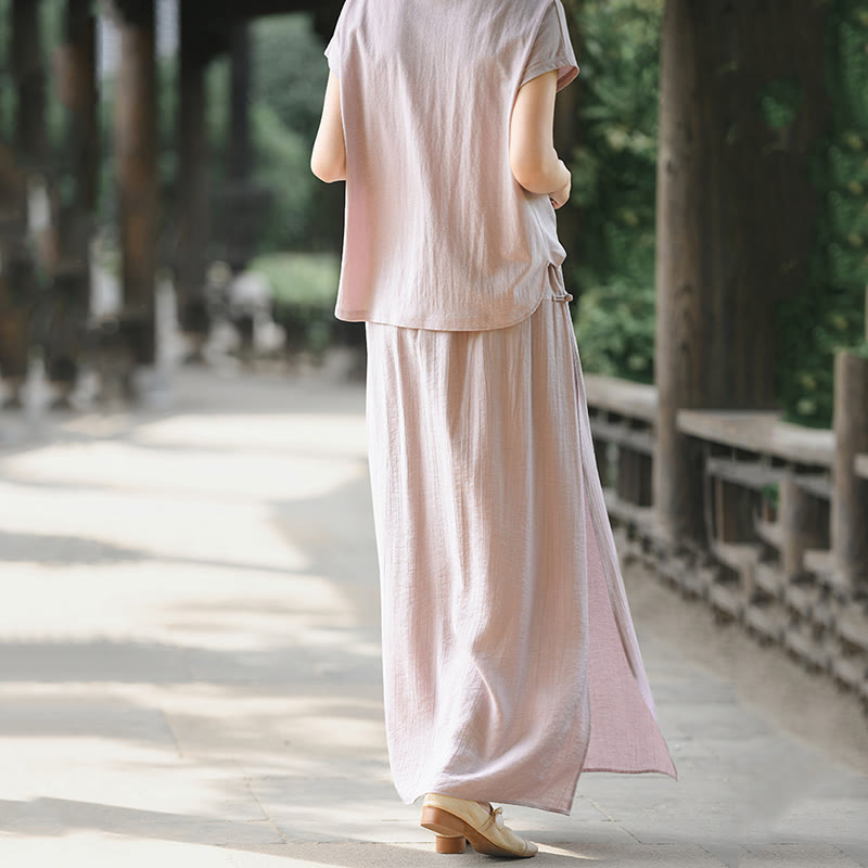Conjunto de dos piezas de camisa de manga corta con botones y falda con bolsillos de algodón para meditación de mujer con Buddha Stones - image 6