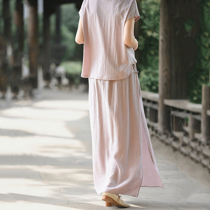 Conjunto de dos piezas de camisa de manga corta con botones y falda con bolsillos de algodón para meditación de mujer con Buddha Stones - image 6
