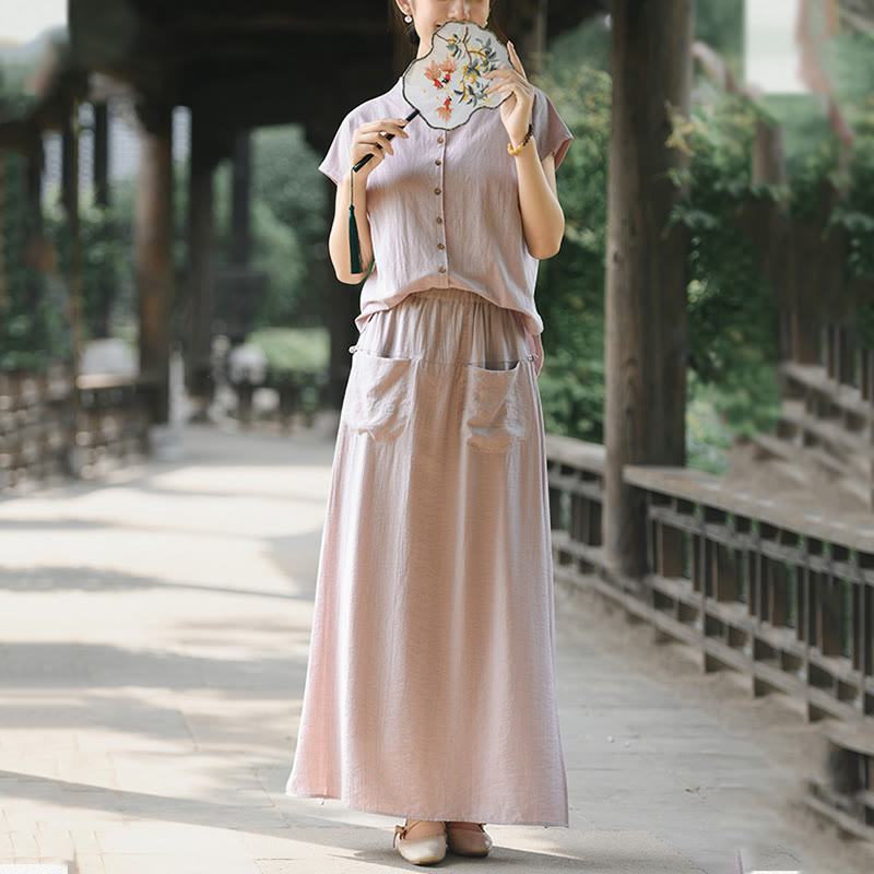 Conjunto de dos piezas de camisa de manga corta con botones y falda con bolsillos de algodón para meditación de mujer con Buddha Stones - image 8