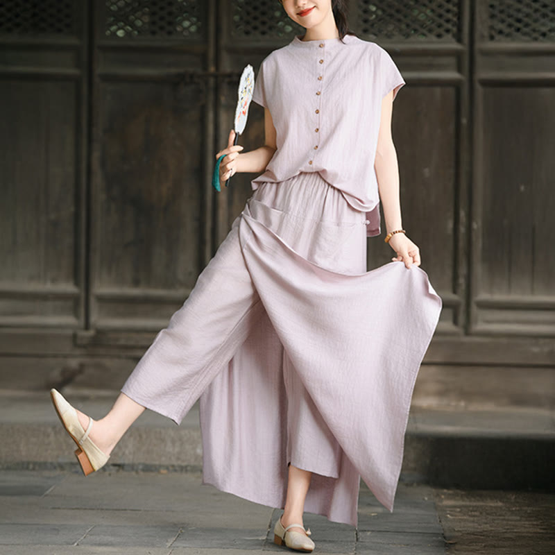 Conjunto de dos piezas de camisa de manga corta con botones y falda con bolsillos de algodón para meditación de mujer con Buddha Stones - Camisa rosa claro y falda marrón rosado - US8-10，UK/AU12-14，EU40-42 (2XL) - image 1